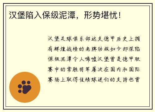 汉堡陷入保级泥潭，形势堪忧！