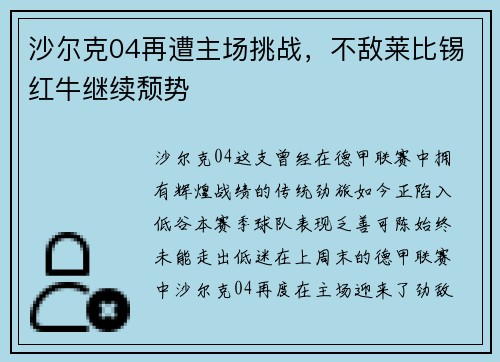 沙尔克04再遭主场挑战，不敌莱比锡红牛继续颓势