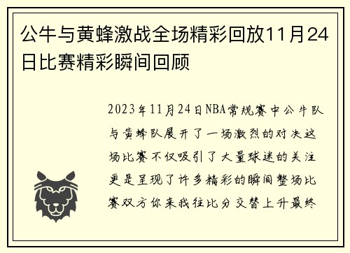 公牛与黄蜂激战全场精彩回放11月24日比赛精彩瞬间回顾